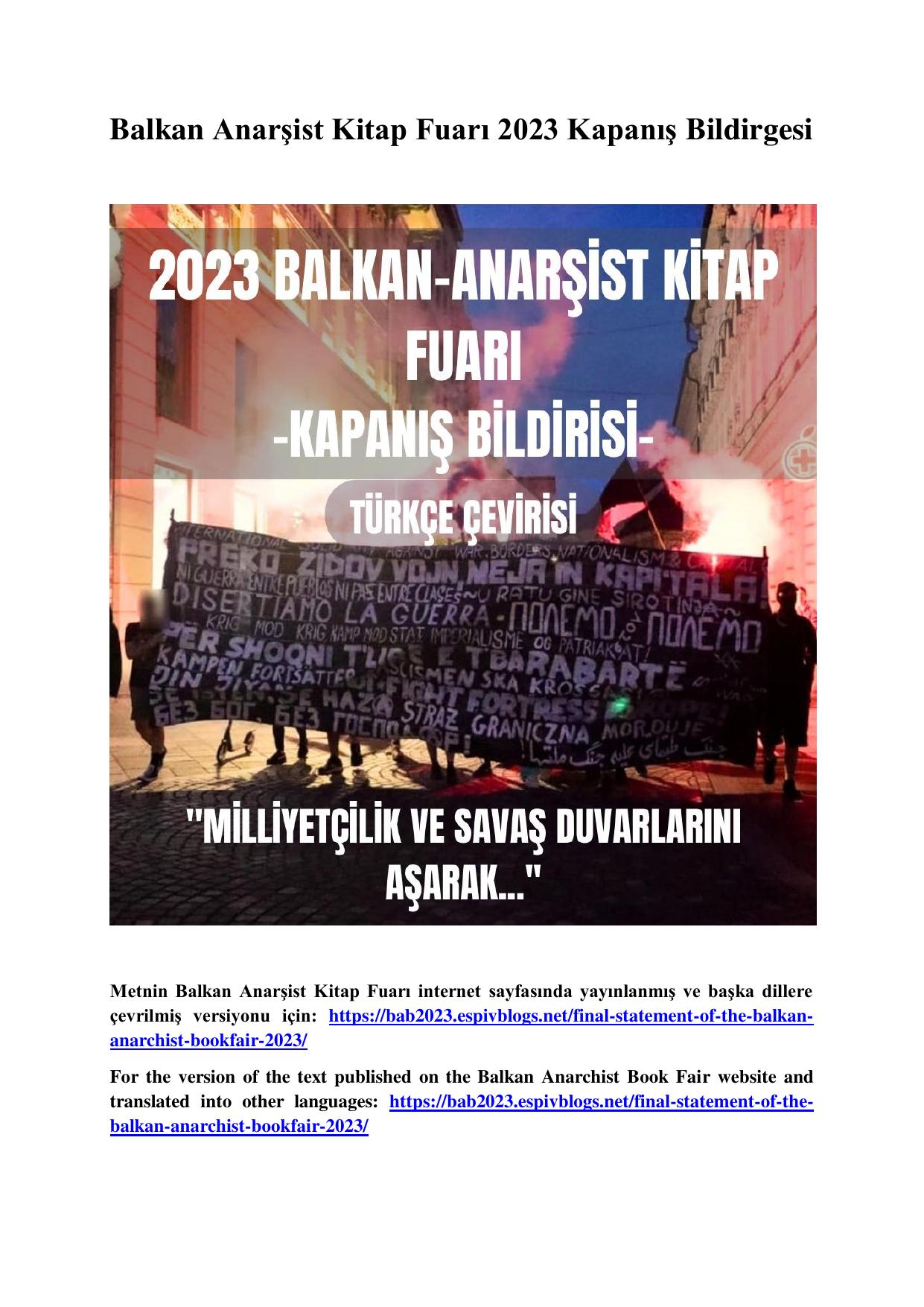 Balkan Anarşist Kitap Fuarı 2023 Kapanış Bildirgesi - Anarka