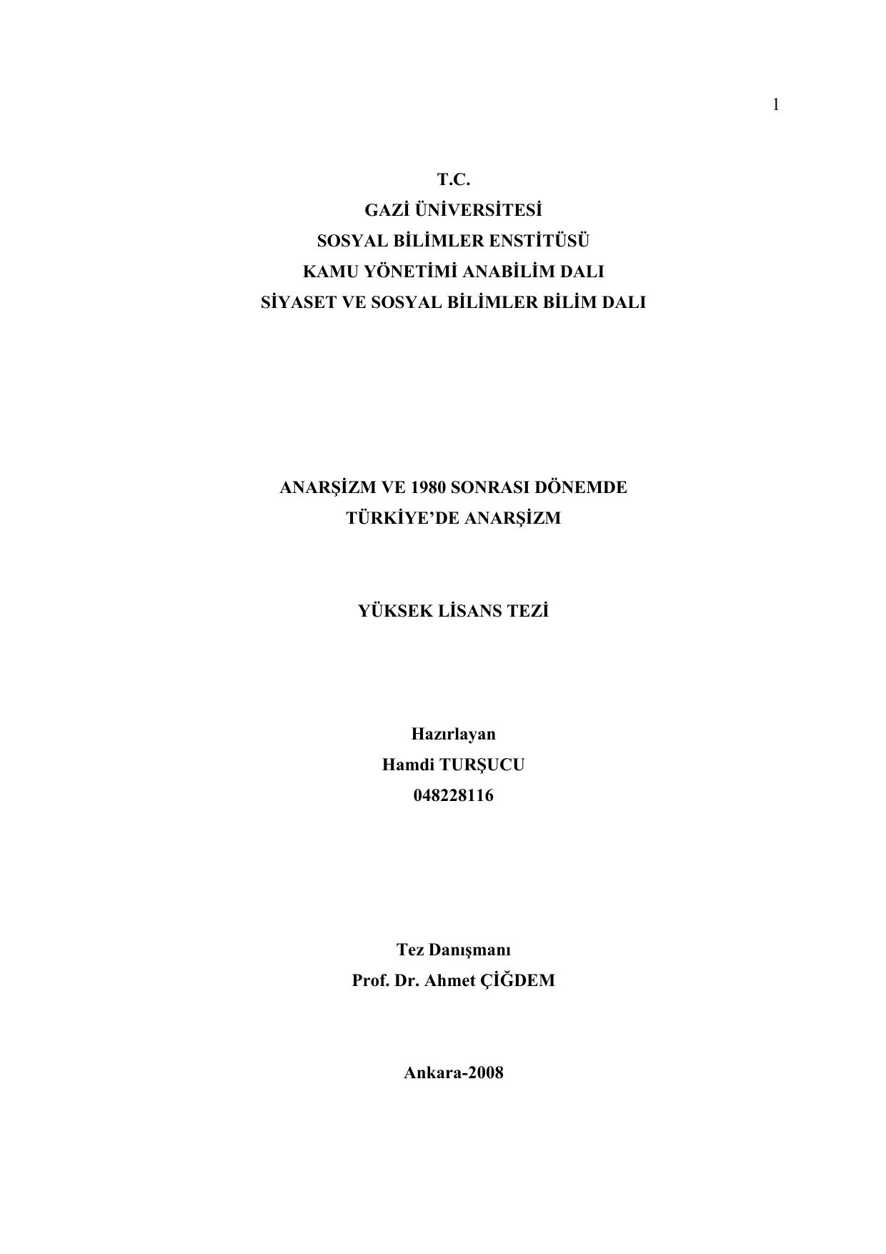 Anarşizm ve 1980 Sonrası Dönemde Türkiye'de Anarşizm - Hamdi Turşucu