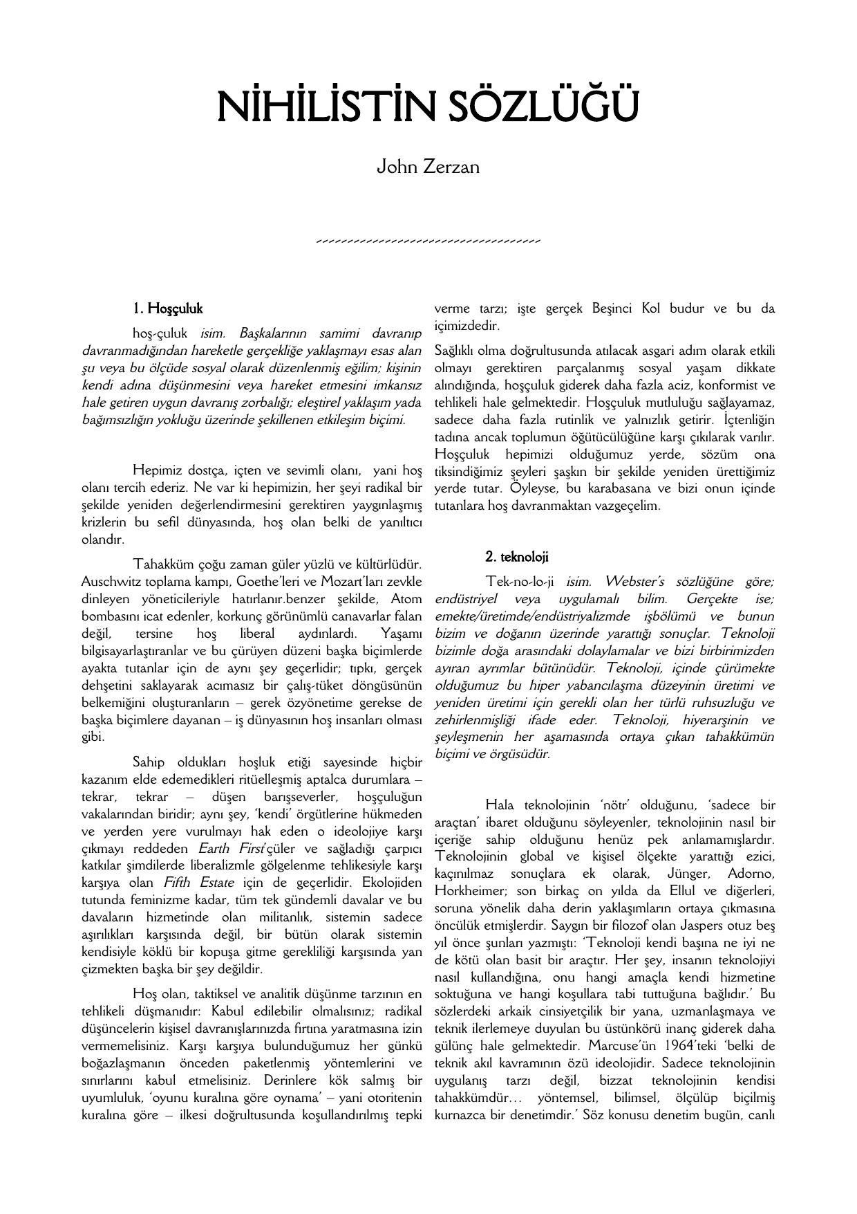 Nihilistin Sözlüğü - John Zerzan