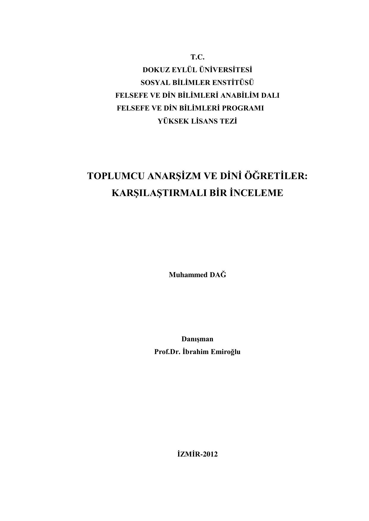 Toplumcu Anarşizm ve Dini Öğretiler: Karşılaştırmalı Bir İnceleme - Muhammed Dağ