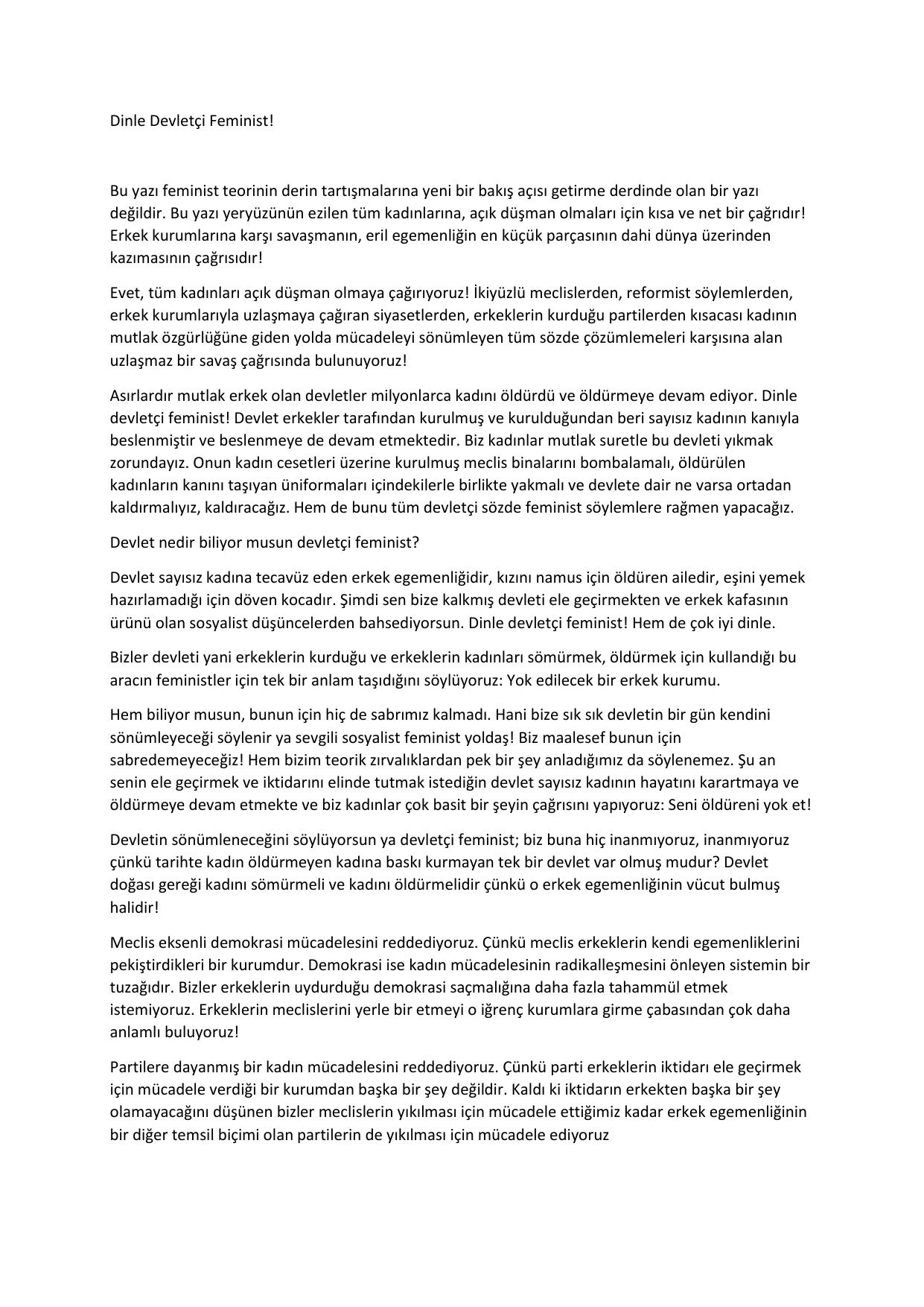 Dinle Devletçi Feminist! - Sosyal Savaş